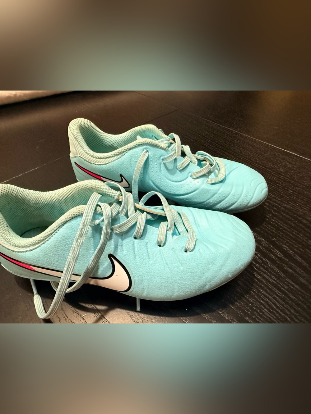Nike Mint Teal Soccer Cleats with White Swoosh and Pink Accent